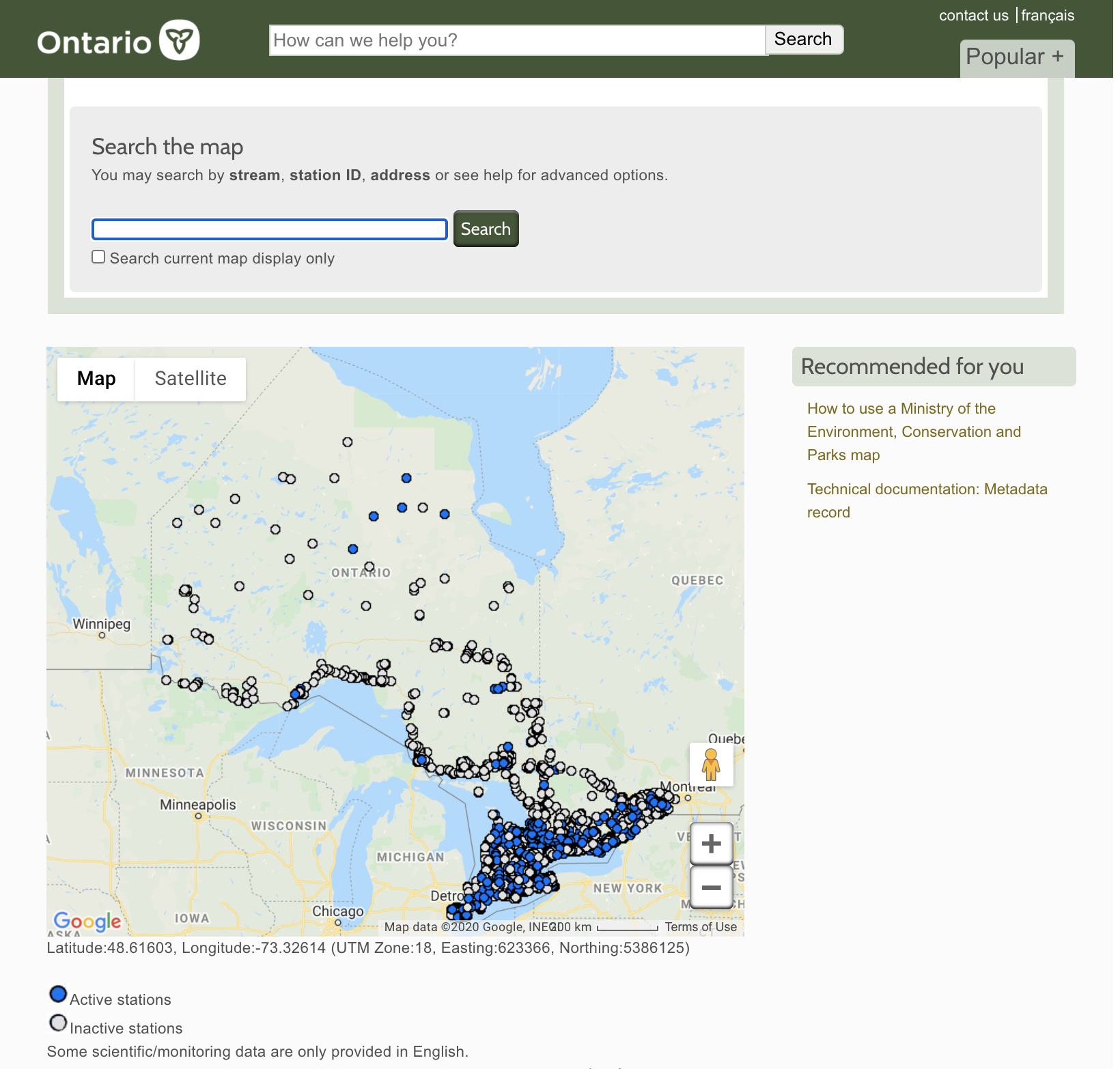 A map of Ontario's water quality monitoring stations.