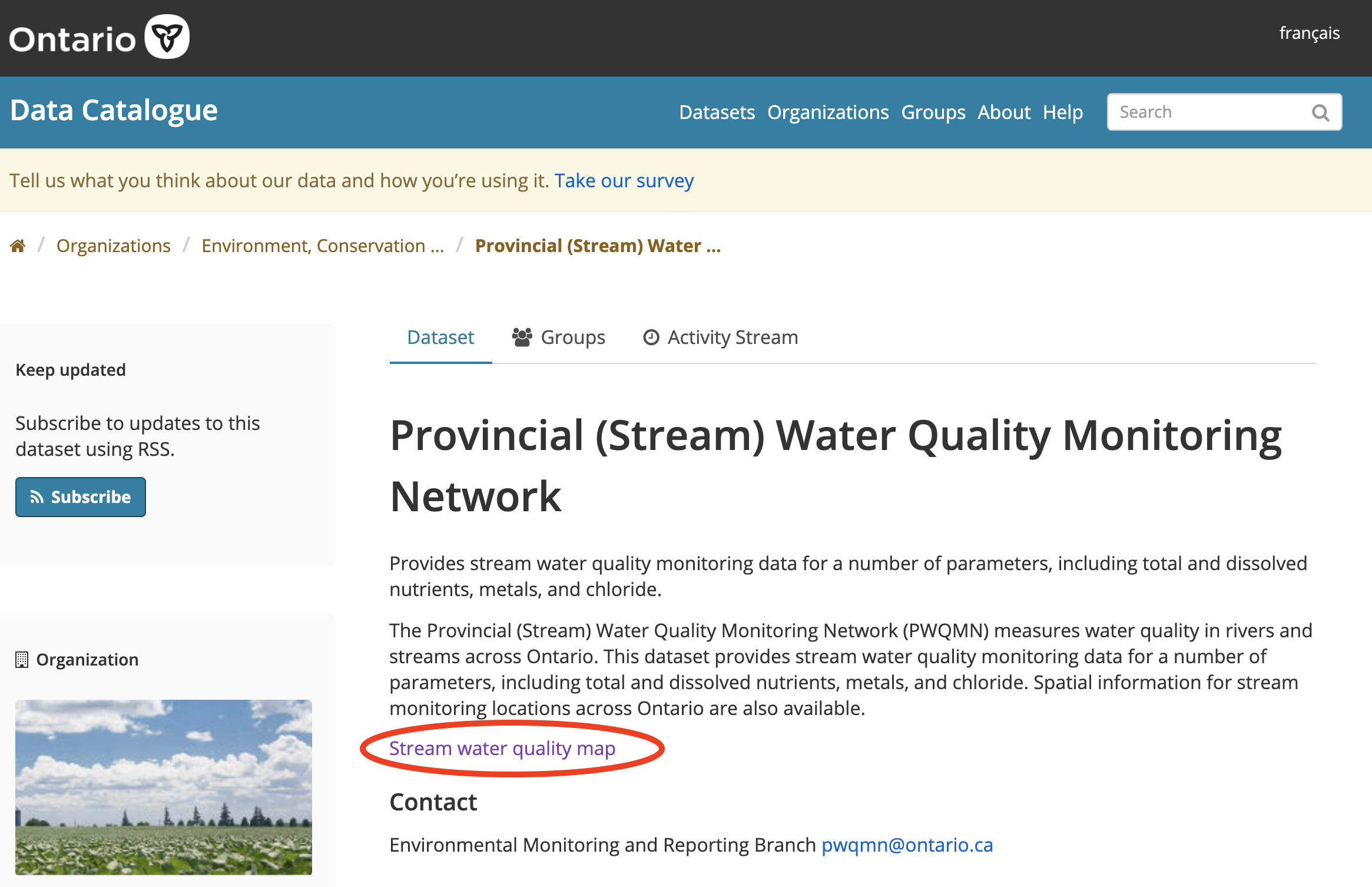 Government of Ontario’s Provincial Stream Water Quality Monitoring Network Data portal. Please click 'Stream water quality map'.