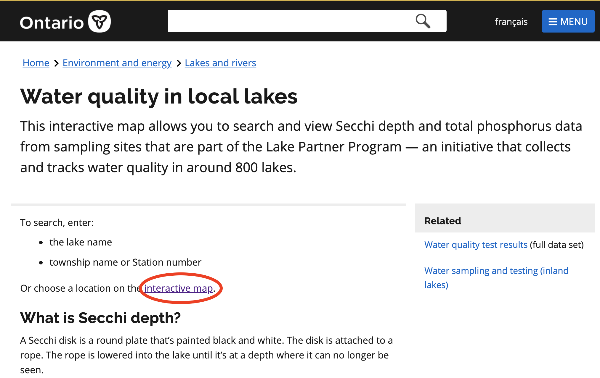 Government of Ontario water quality in local lakes data portal. Please click 'interactive map'.