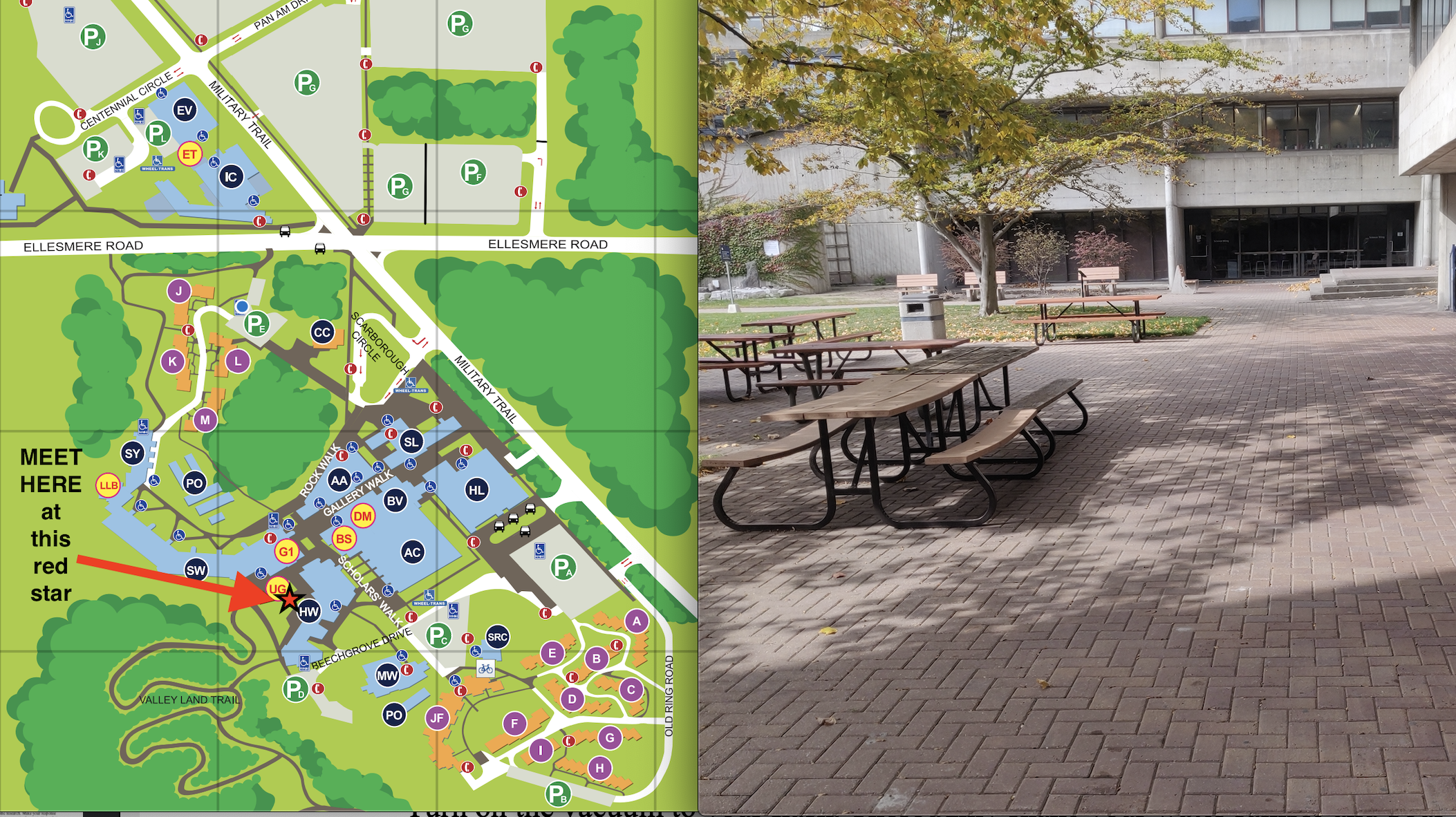 Left: Map of [UTSC](https://www.utsc.utoronto.ca/home/sites/utsc.utoronto.ca.home/files/docs/UTSC_Campus_Map_2015.pdf). Right: Picture of H-Wing patio (Photo taken by Andrew Apostoli).