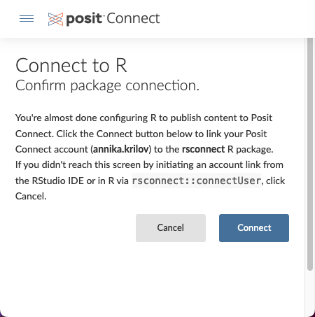 Successful login to link Posit Connect to the IDE.