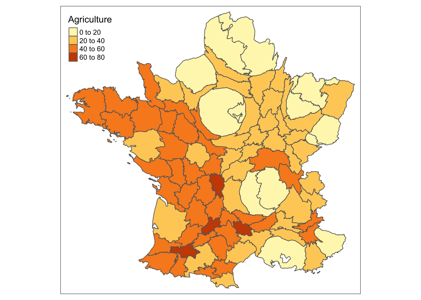 Cartogram of working population size shaded by the percentage of agricultural workers in France in 1954