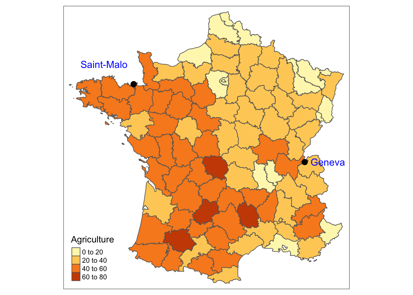 Choropleth map of percentage of agricultural workers in France in 1954