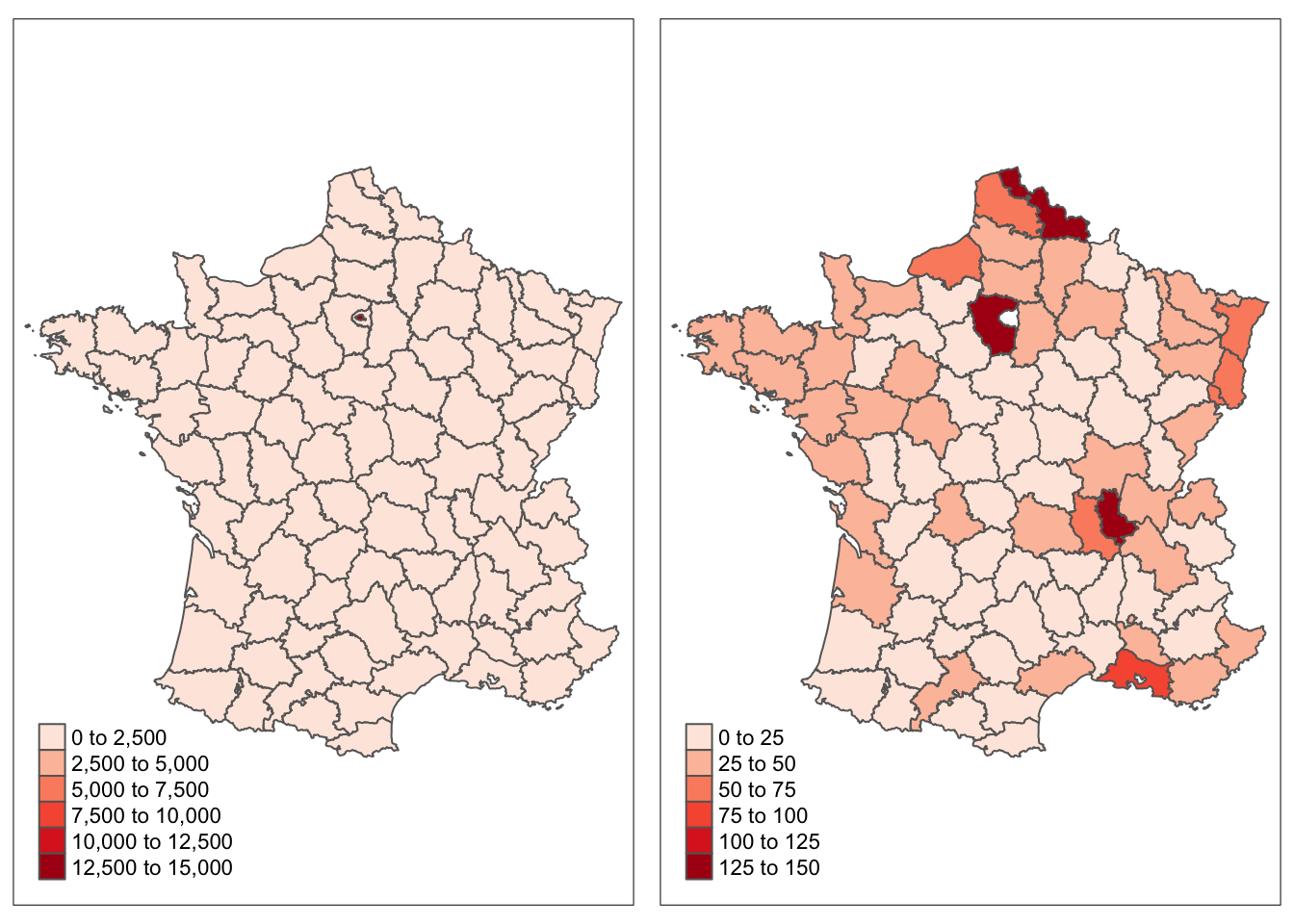 Maps of the density of the total working population in thousands per square kilometre in France in 1954, all departments (left), excluding Seine and Paris (right)