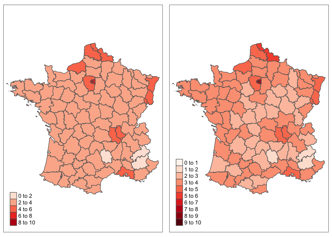 Maps of the log of population density of the total working population in thousands per square kilometre in France in 1954, default scale (left), more detailed scale (right)