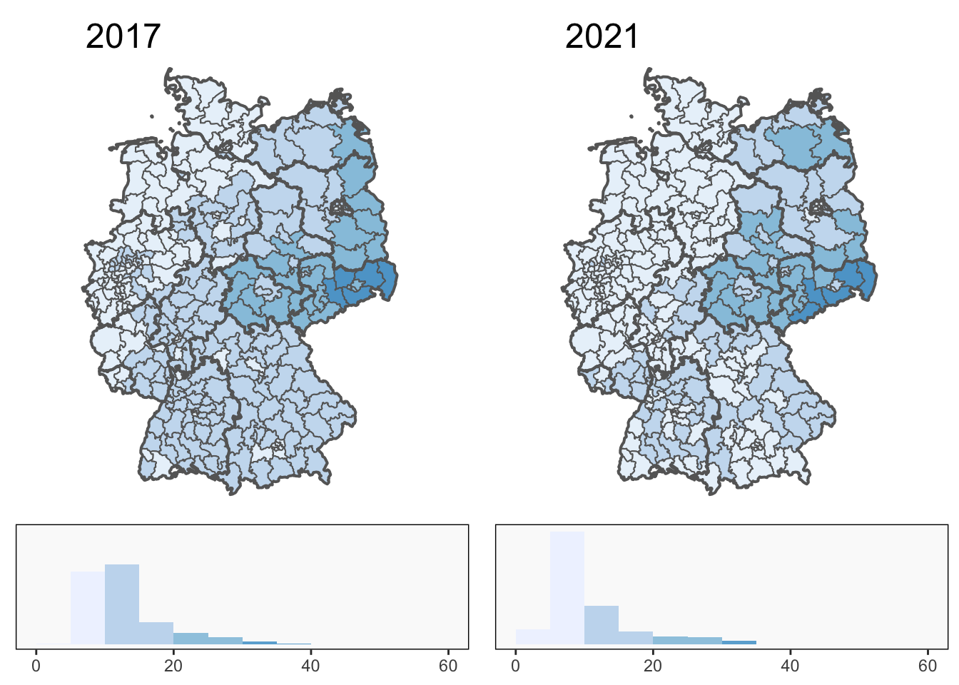 Percentage AfD support across the constituencies in 2017 (left) and 2021 (right).    Bundesland borders are drawn in thick black.  The colour scale goes from 0 to 60 in intervals of 10, as shown in the histograms below.