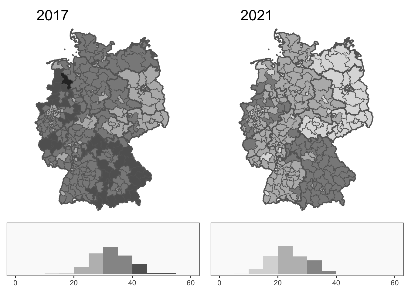 Percentage CDU and CSU support across the constituencies in 2017 (left) and 2021 (right).  The colour scale goes from 0 to 60 in intervals of 10.  Bundesland borders are drawn in thick black.