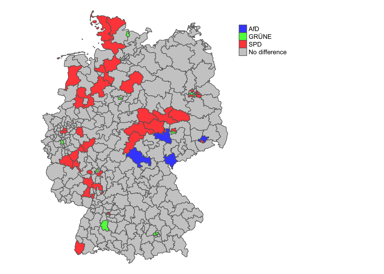 Consituencies where the party that got the most Zweitstimmen did not get the most Erststimmen, coloured by the party with the most Zweitstimmen