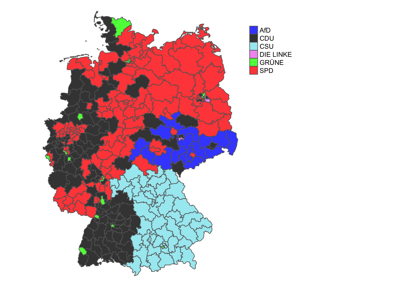 Winners of Erststimmen seats by political party