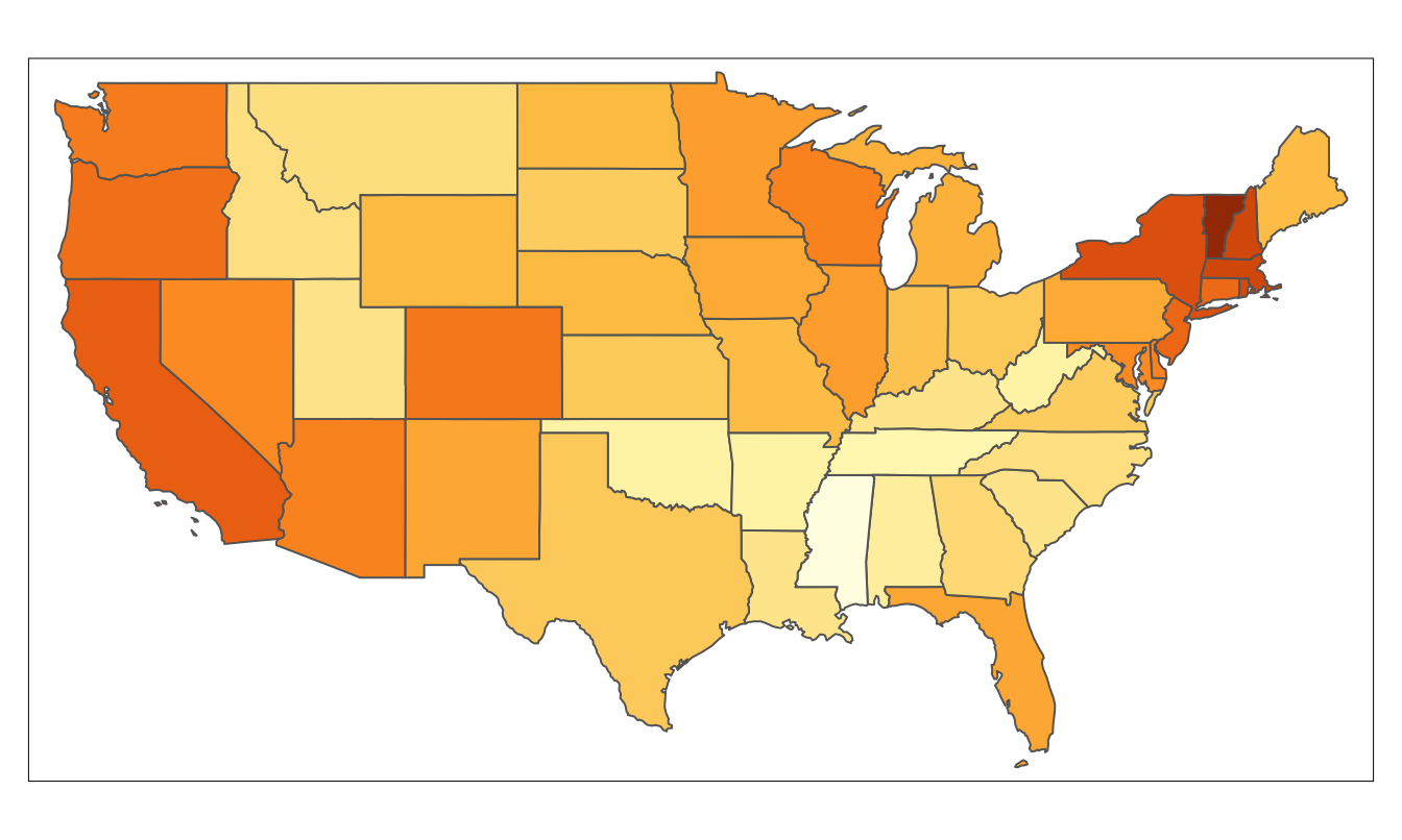 Support for same-sex marriage at state level on a continuous colour scale from 10\% to 70\%