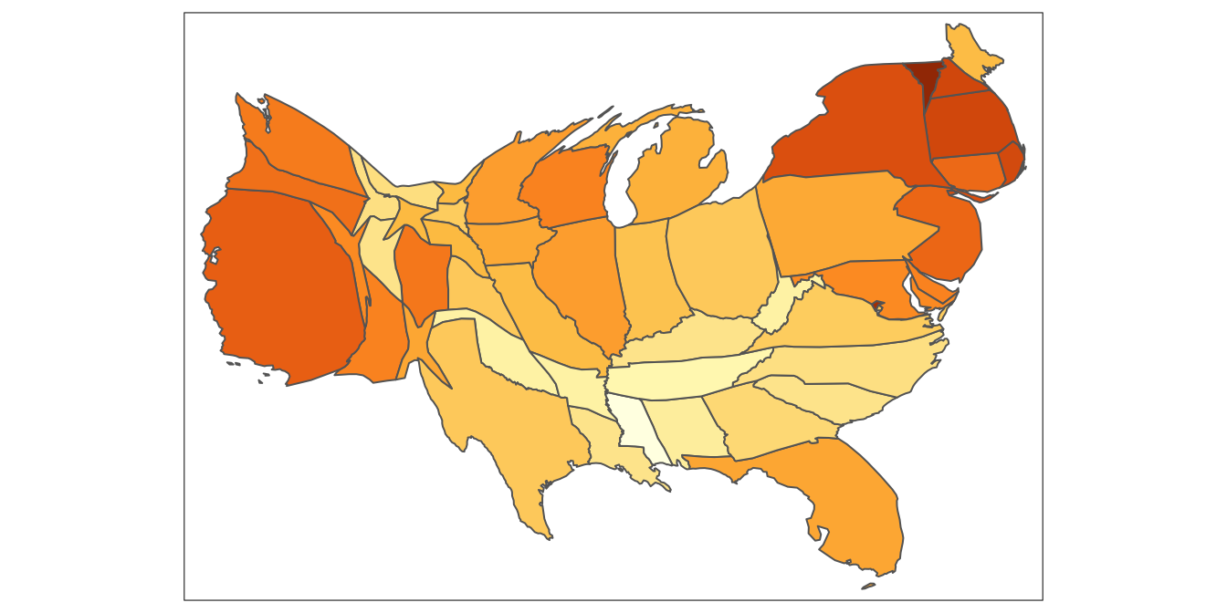 Support for same-sex marriage at state level using a population cartogram