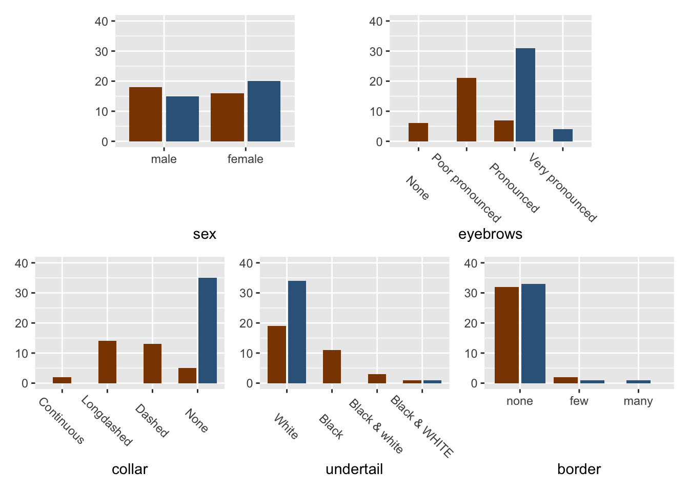 Barcharts of five variables comparing two species, with Audubon's shearwater in brown and Galápagos shearwater in dark blue