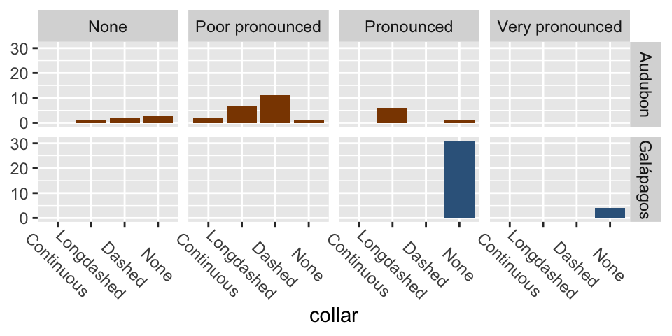 A comparison plot of Audubon and Galápagos shearwaters, using barcharts of `collar` faceted by `eyebrows`