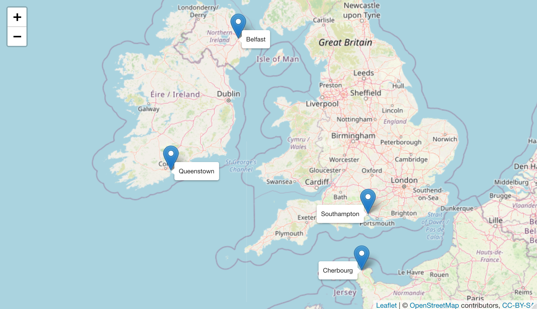 Belfast to Southampton to Cherbourg to Queenstown  Map:© OpenStreetMap contributors