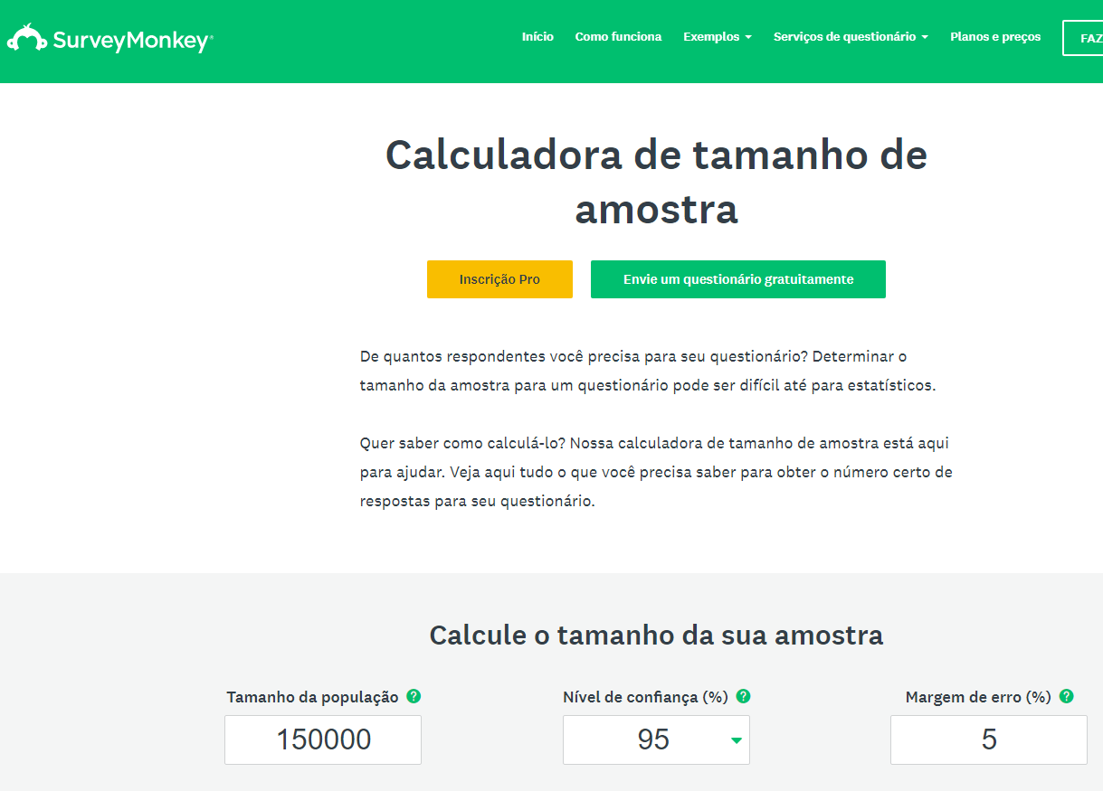Calculadora Amostral do site Survey Monkey