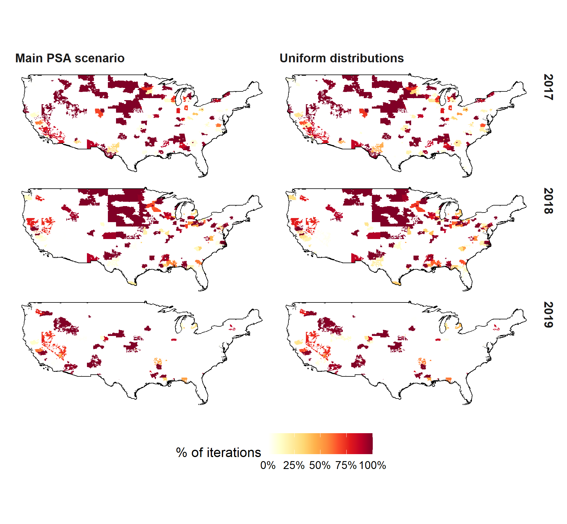 Comparison of percent iterations where West Nile Virus testing during the high mosquito season was optimal by 3-digit zip code for the main probabilistic sensitivity analysis (PSA) compared to a scenario analysis using uniform distributions.