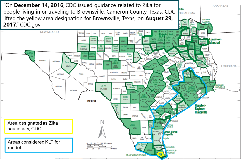 Areas of the Texas gulf coast considered an area of local transmission for location-based and travel-based screening policies