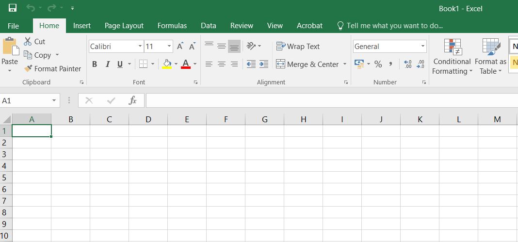 Excel spreadsheet met bovenin de menubalk. De standaard instelling is de Home tab. Andere veelgebruikte tabbladen van de menubalk zijn File, Insert, Formulas en Data.