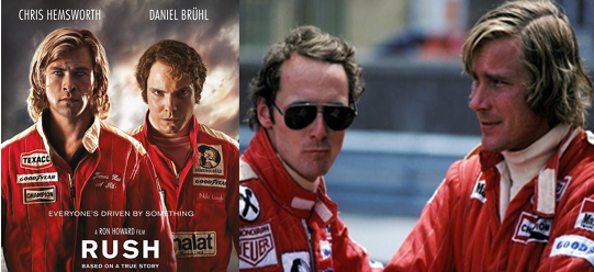 Izquierda: Cartel de la película Rush (2013). Derecha: Los verdaderos Niki Lauda y James Hunt.