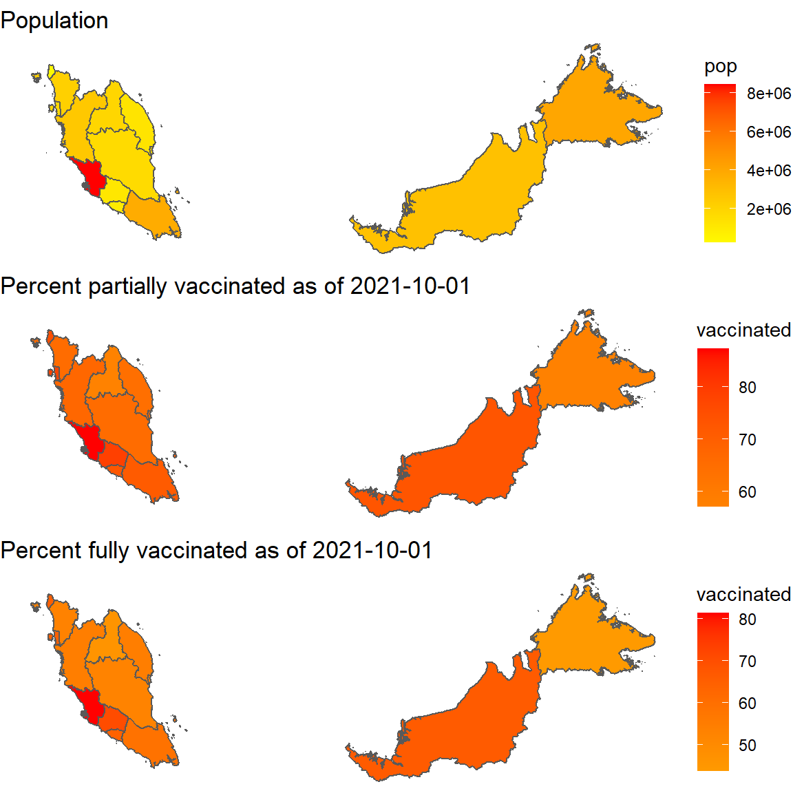 Map of population and percent vaccinated per state