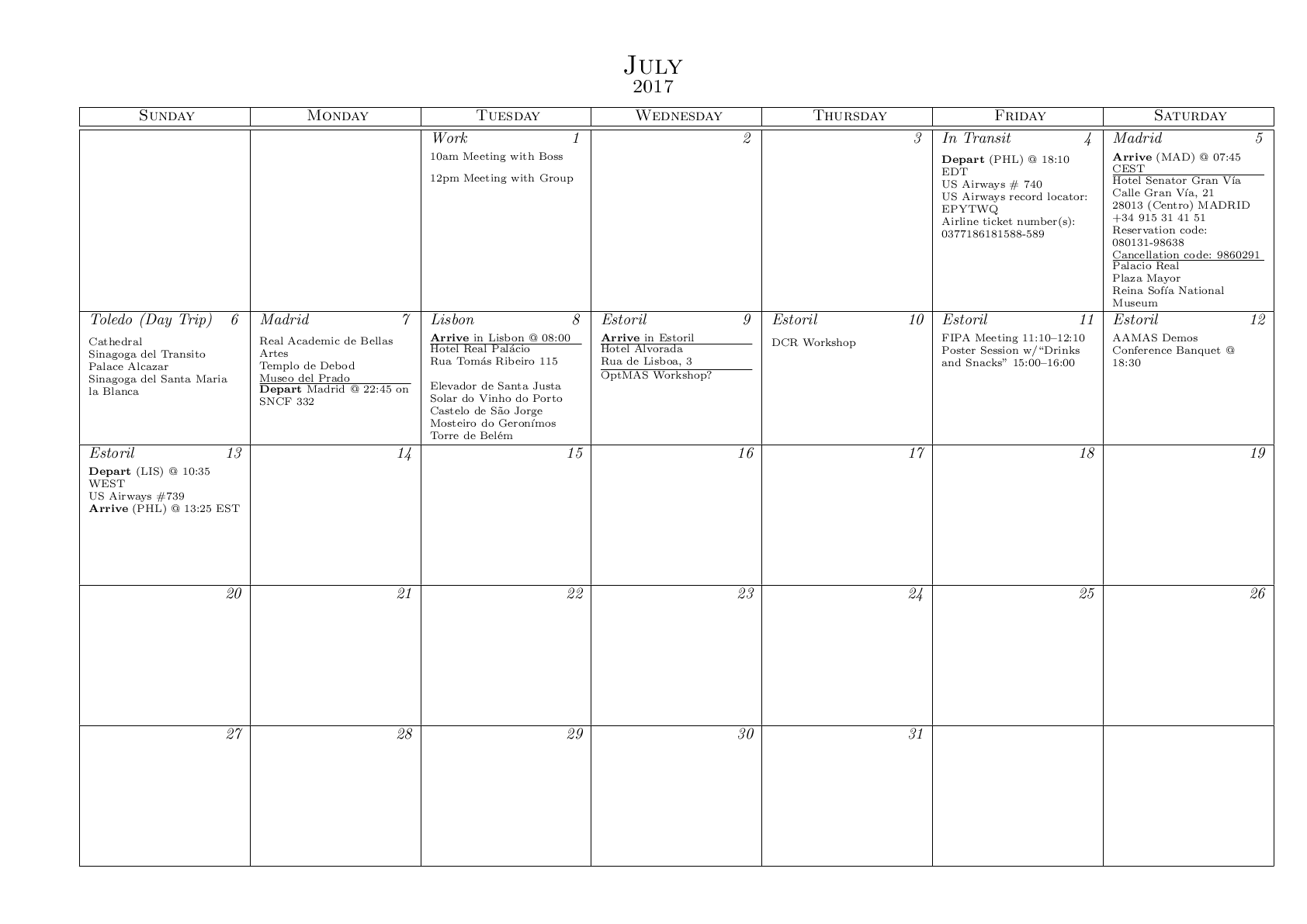 A monthly calendar produced by the 'calendar' template.