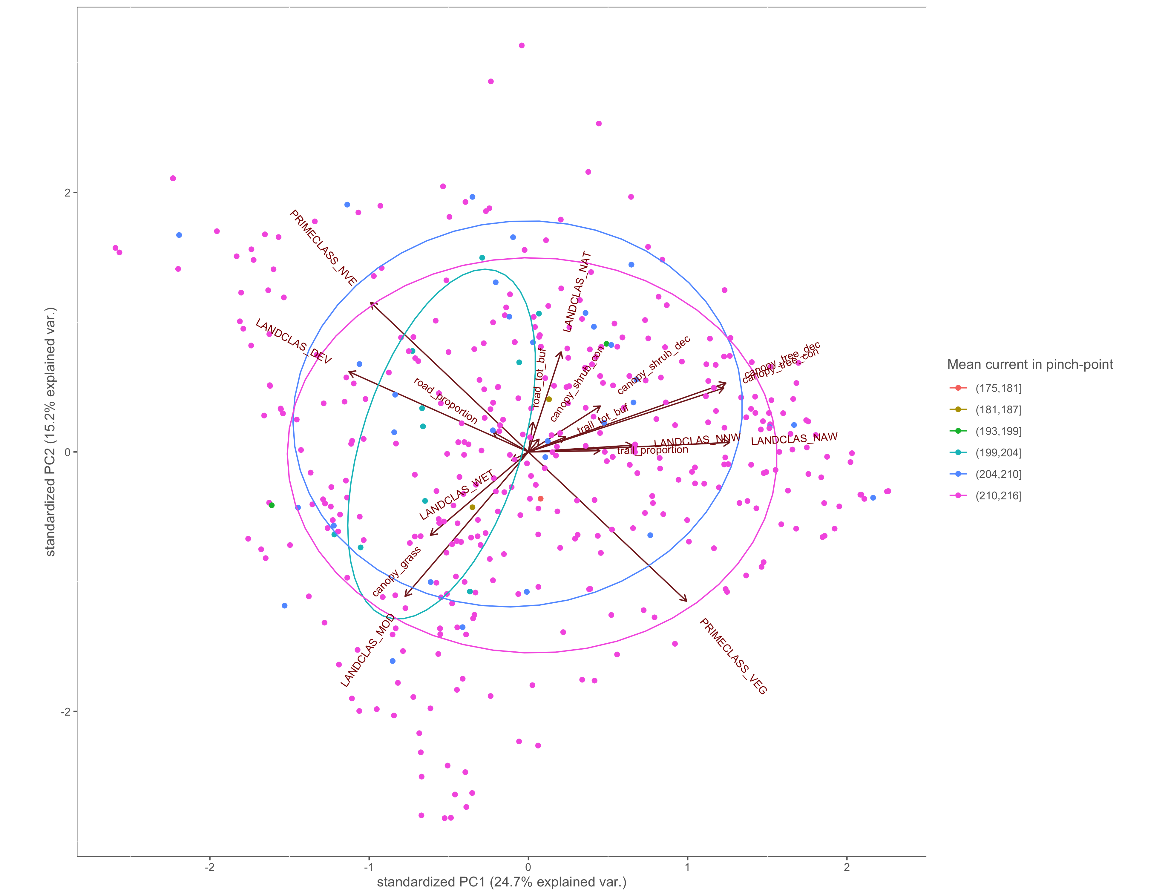 PCA biplot with pinch-points grouped by the within pinch-pont mean current values