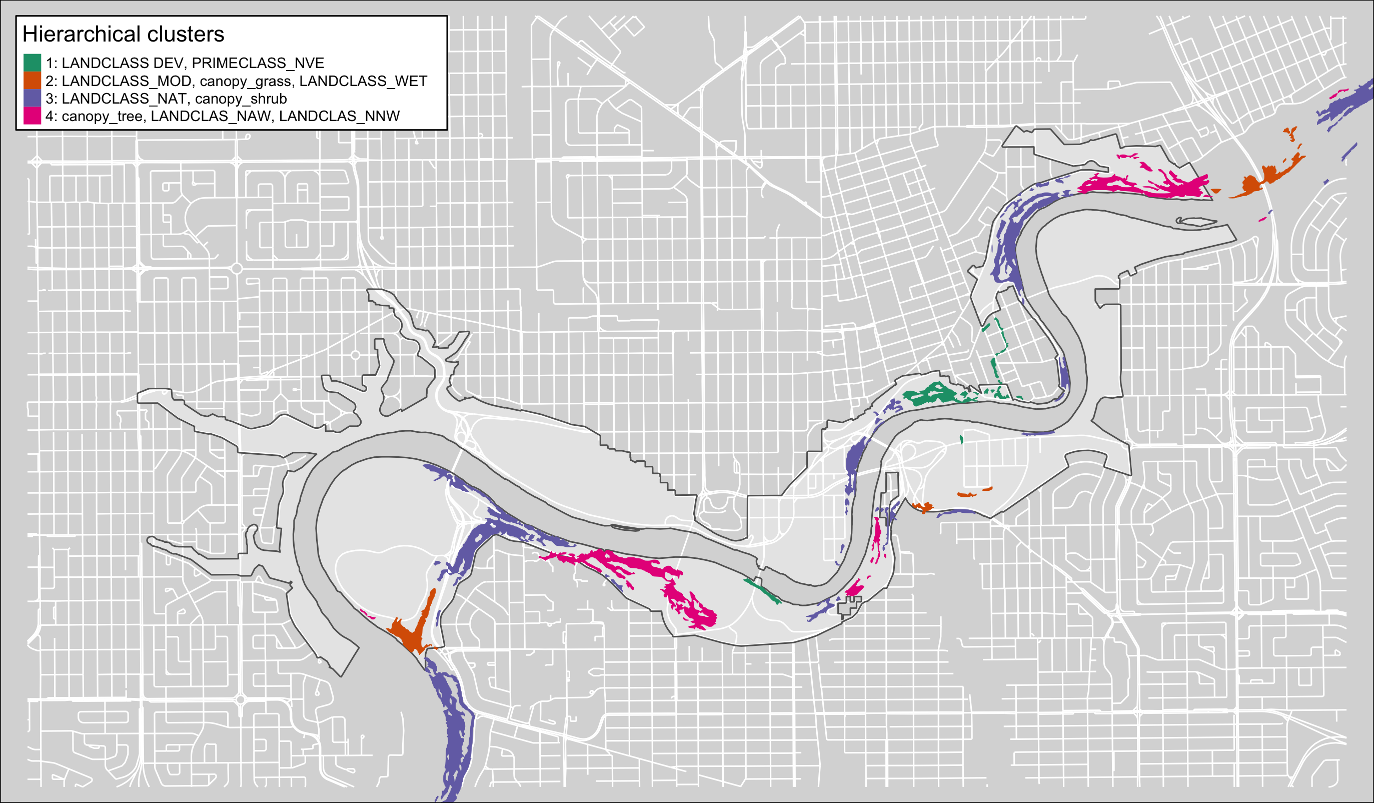 Pinch-points sorted by hierarchical cluster in the North Saskatchewan Central reach of the Ribbon of Green.