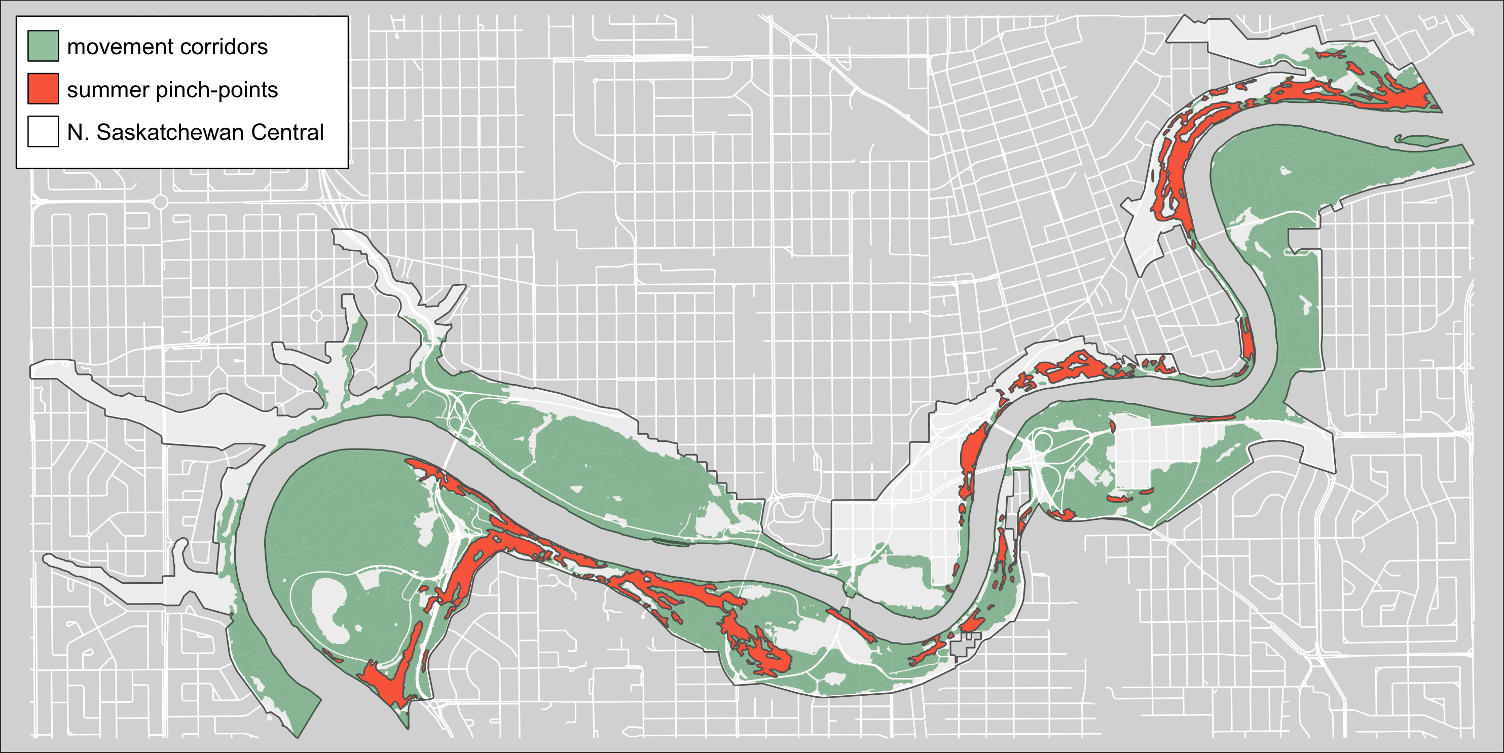 Summer terriestrical pinch-points within the North Saskatchewan Central region of the Ribbon of Green.