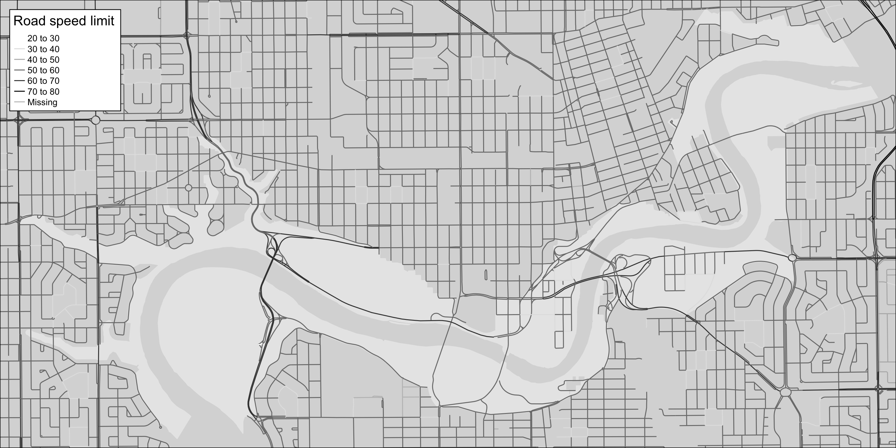 Edmonton roads colored according to speed limit.