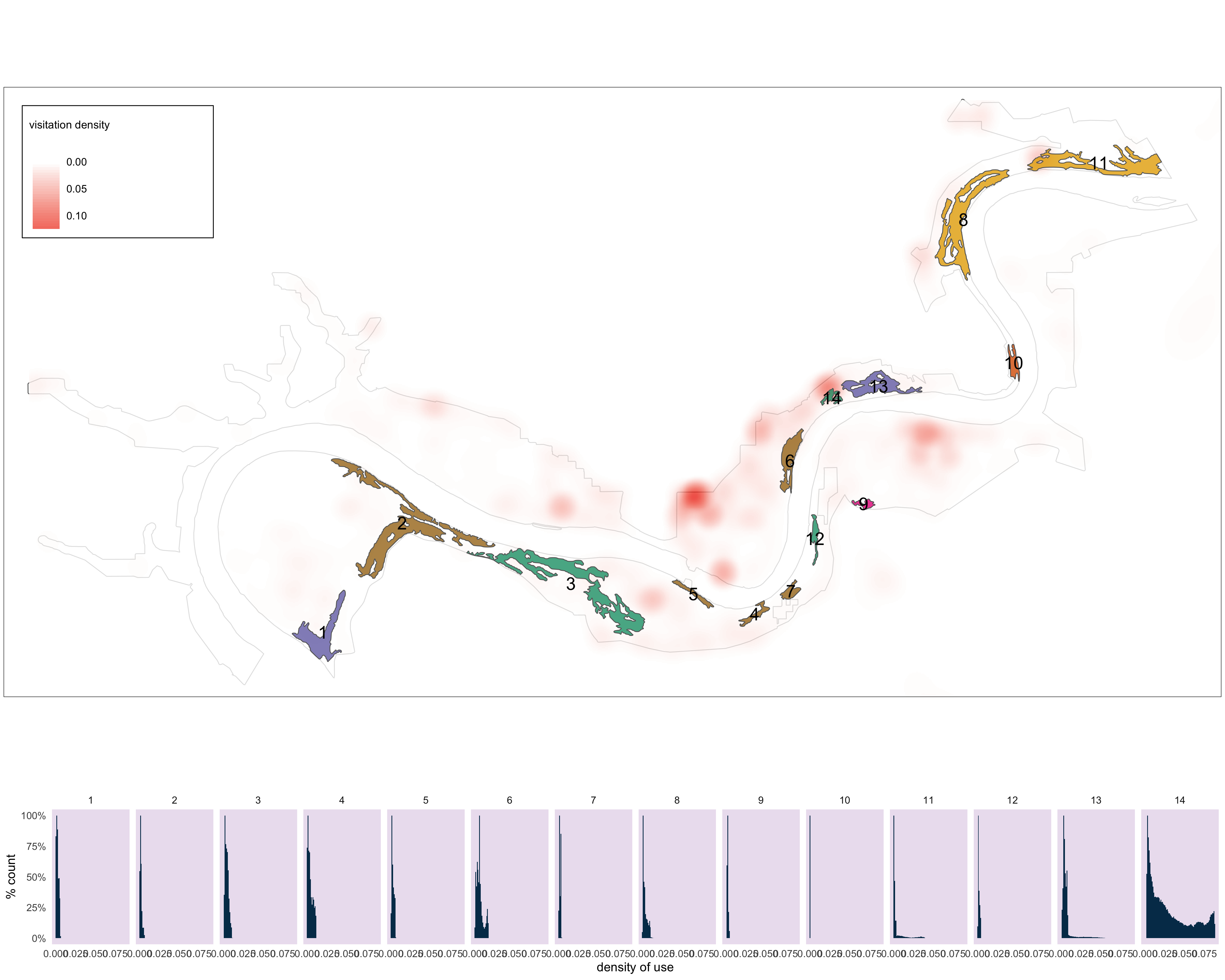 Histograms of cellphone density values for each pinch point.