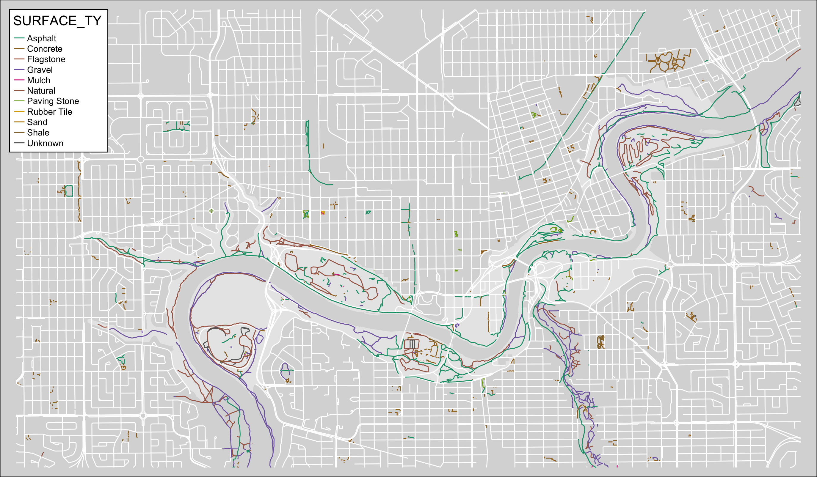 Map of trails in Edmonton by surface type.