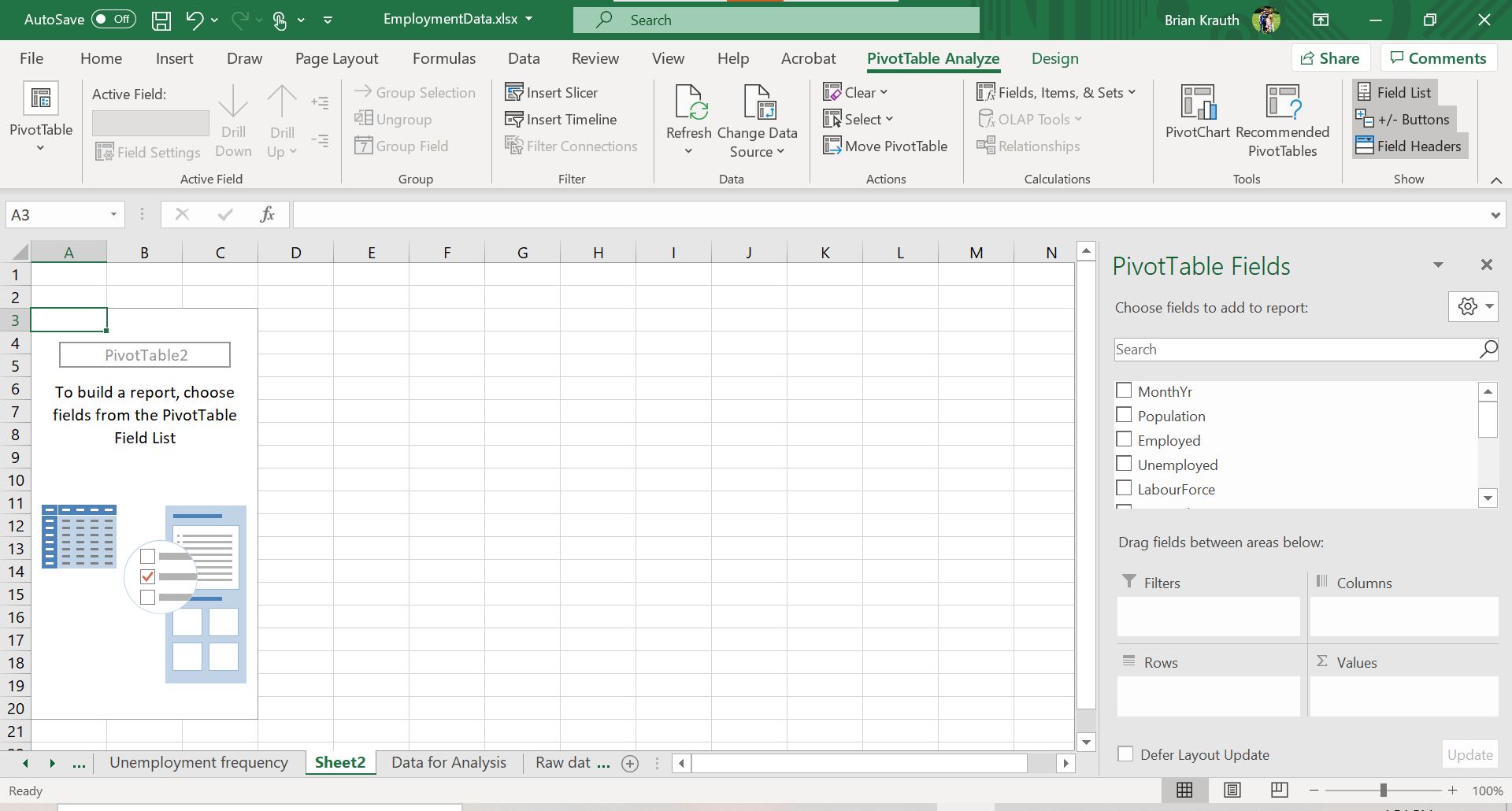 A worksheet with a new Pivot Table