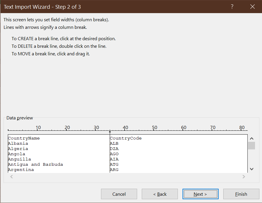 Text Import Wizard- Step 2 of 3