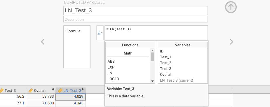 Jamovi interface is shown with a new computed variable being made and the natural log of Test 3 scores being inserted into the function box.