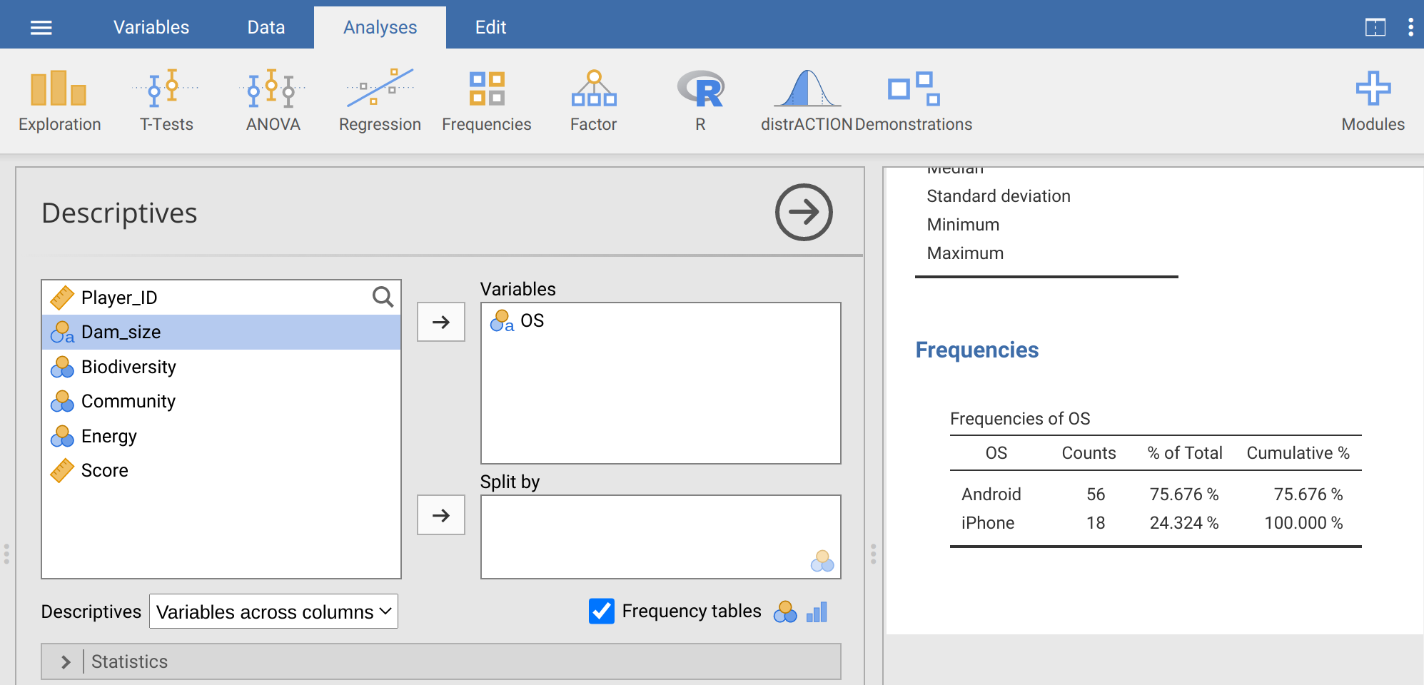 Jamovi interface of Descriptives with OS selected as a Variable and a frequency table to the right showing the frequencies of Android and iPhone users