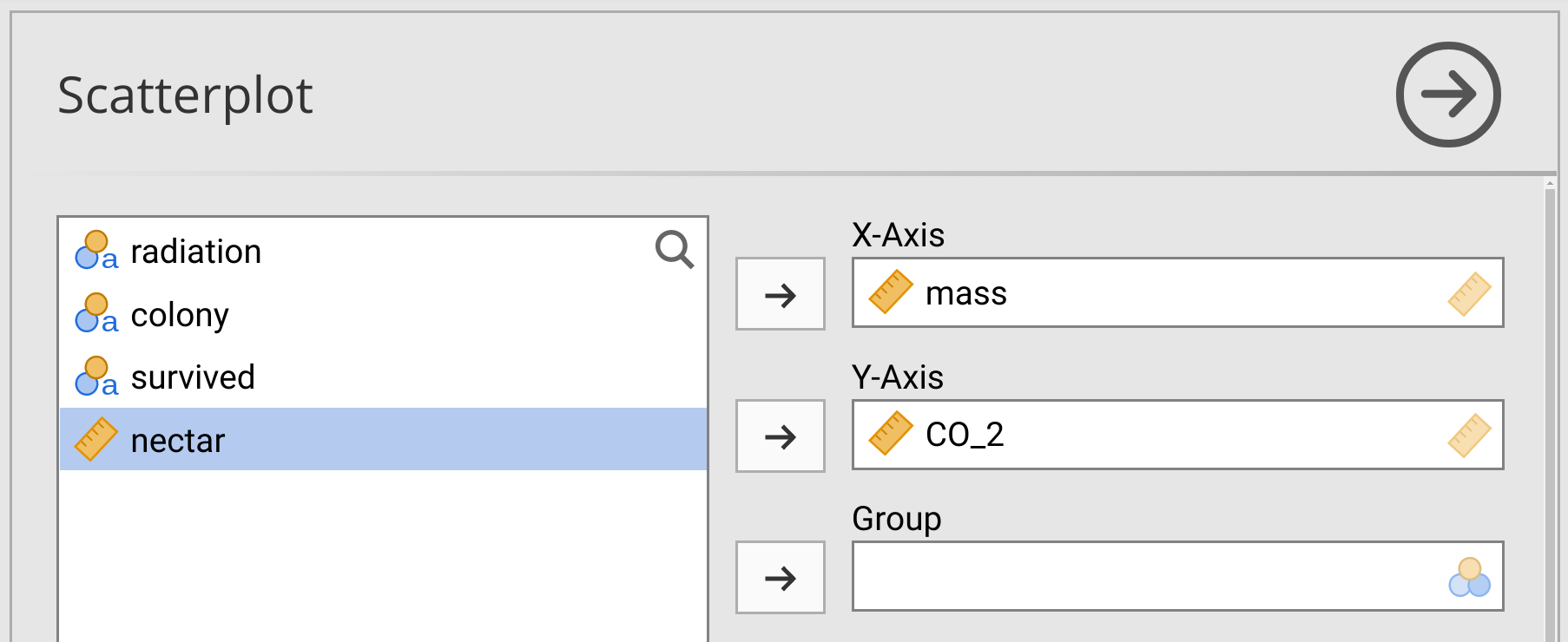 Jamovi interface is shown with a variable called 'mass' placed in a box called 'X-Axis', and a variable called 'CO_2' placed in a box called 'Y-axis'.