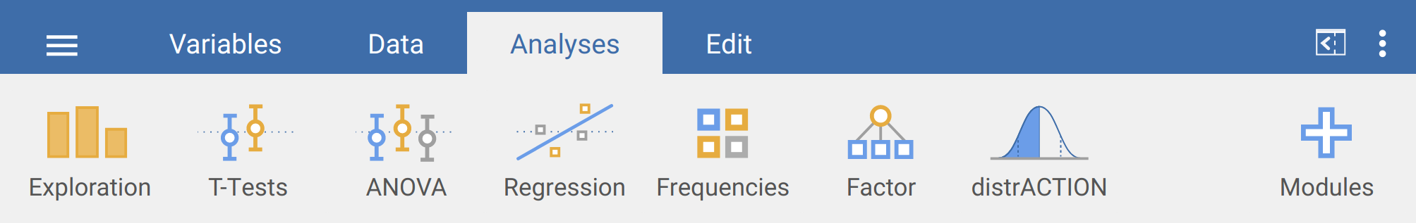 Jamovi toolbar is shown, which includes an option on the far right hand side called 'modules' and a button called distrACTION.