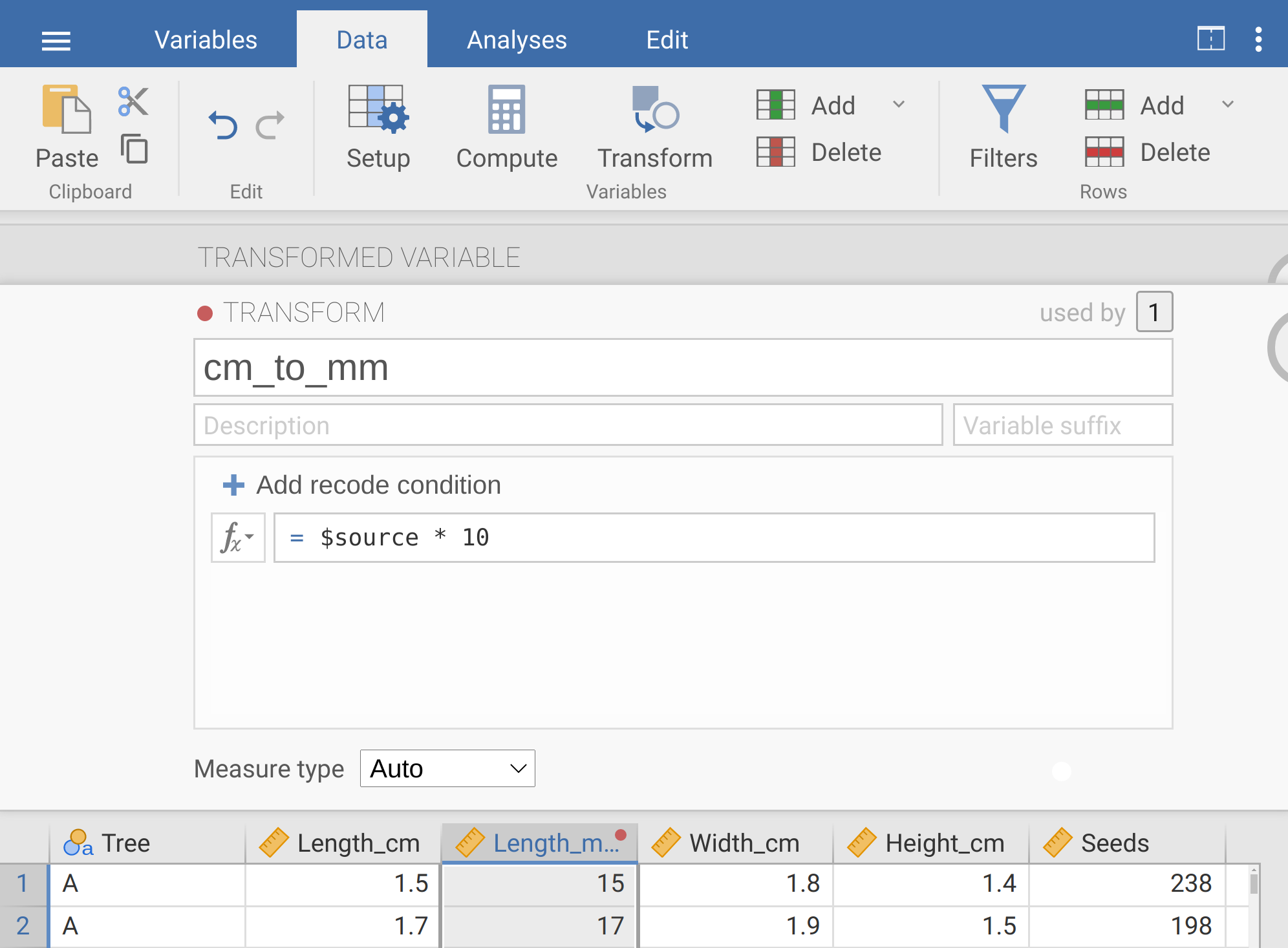 The jamovi toolbar is shown with a tab called 'Data' selected. Underneath is a box called 'Transform', where the name 'cm to mm' has been typed in. Underneath the box is the code to multiply the column by 10, and below the code is the fig fruits dataset.