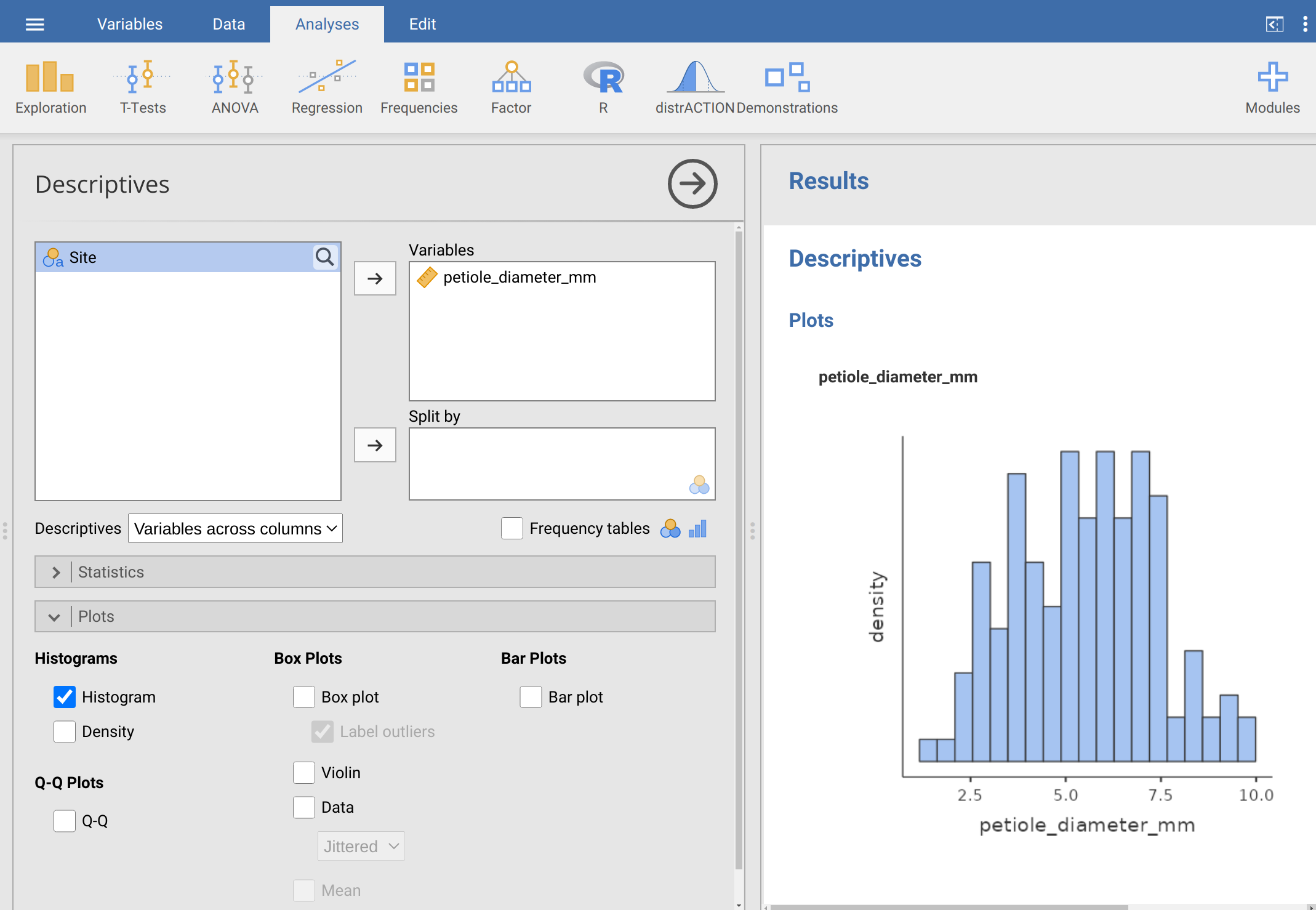 Jamovi Descriptives interface is shown with a histogram of petiole diameter.