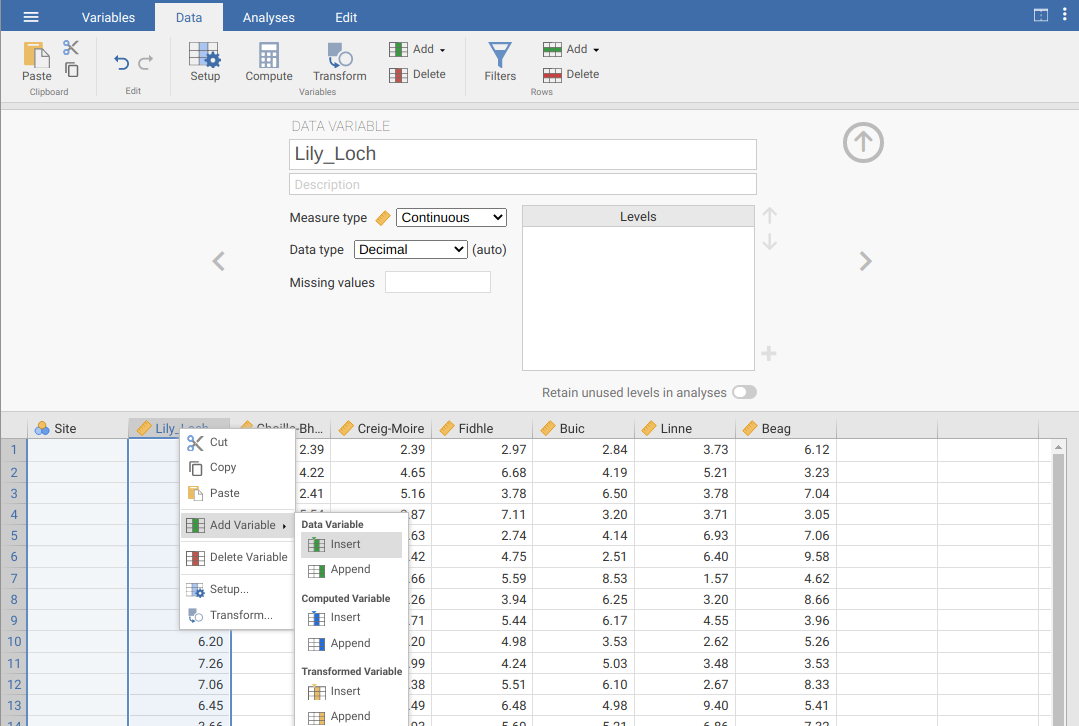 Jamovi interface is shown with new columns being added to the dataset.