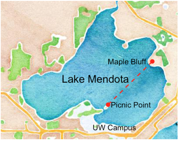 Map of Lake Mendota, highlighting the path between Picnic Point and Maple Bluff.