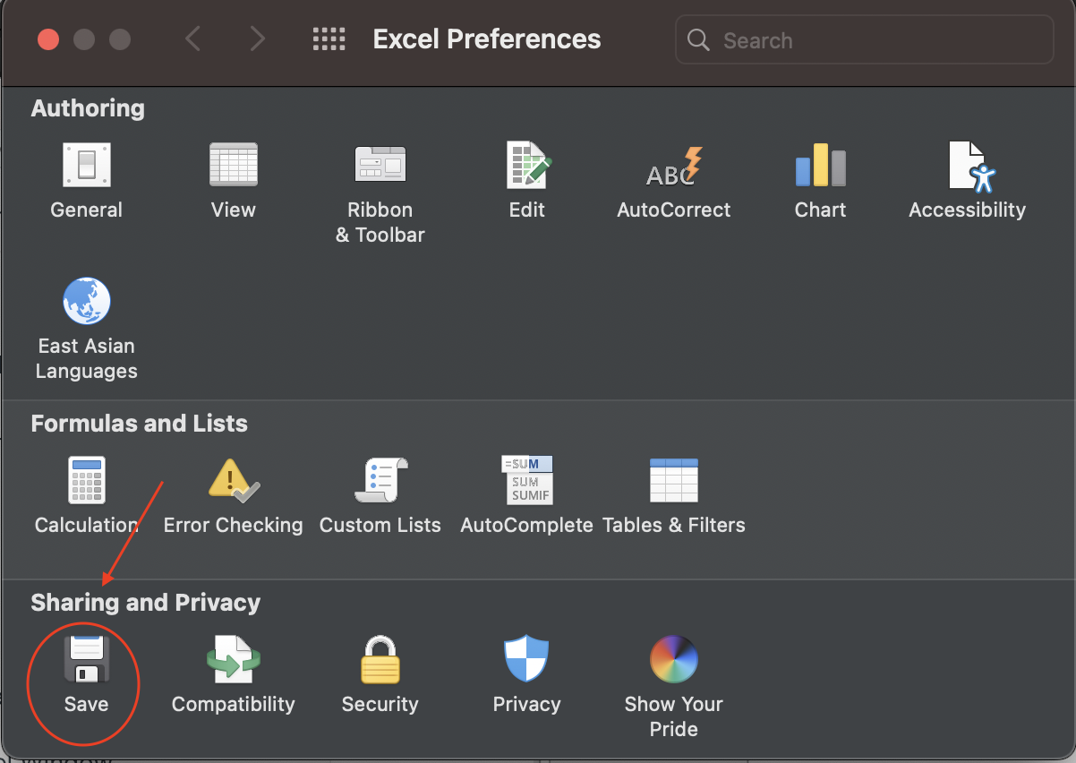 A screenshot showing the Save options in Excel.