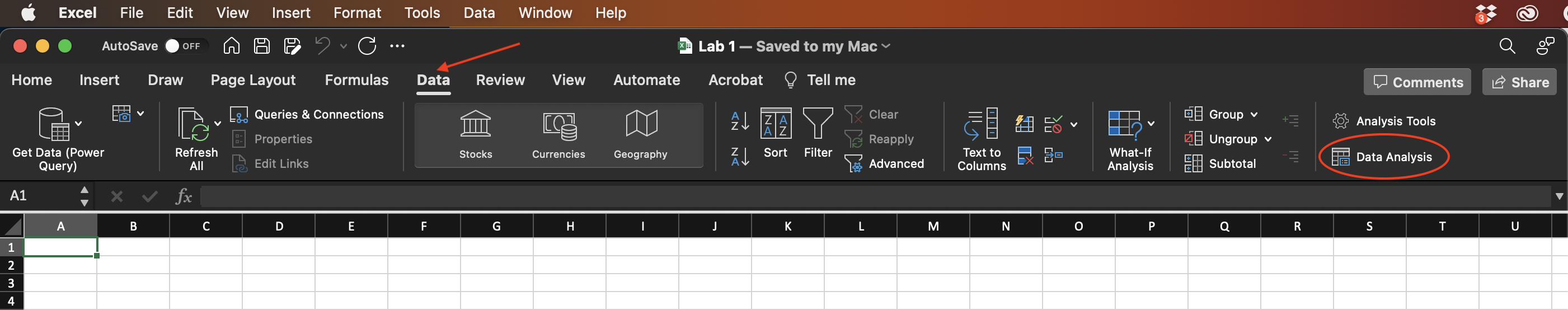 Excel Window with highlighted Data tab and Analysis ToolPak ribbon.