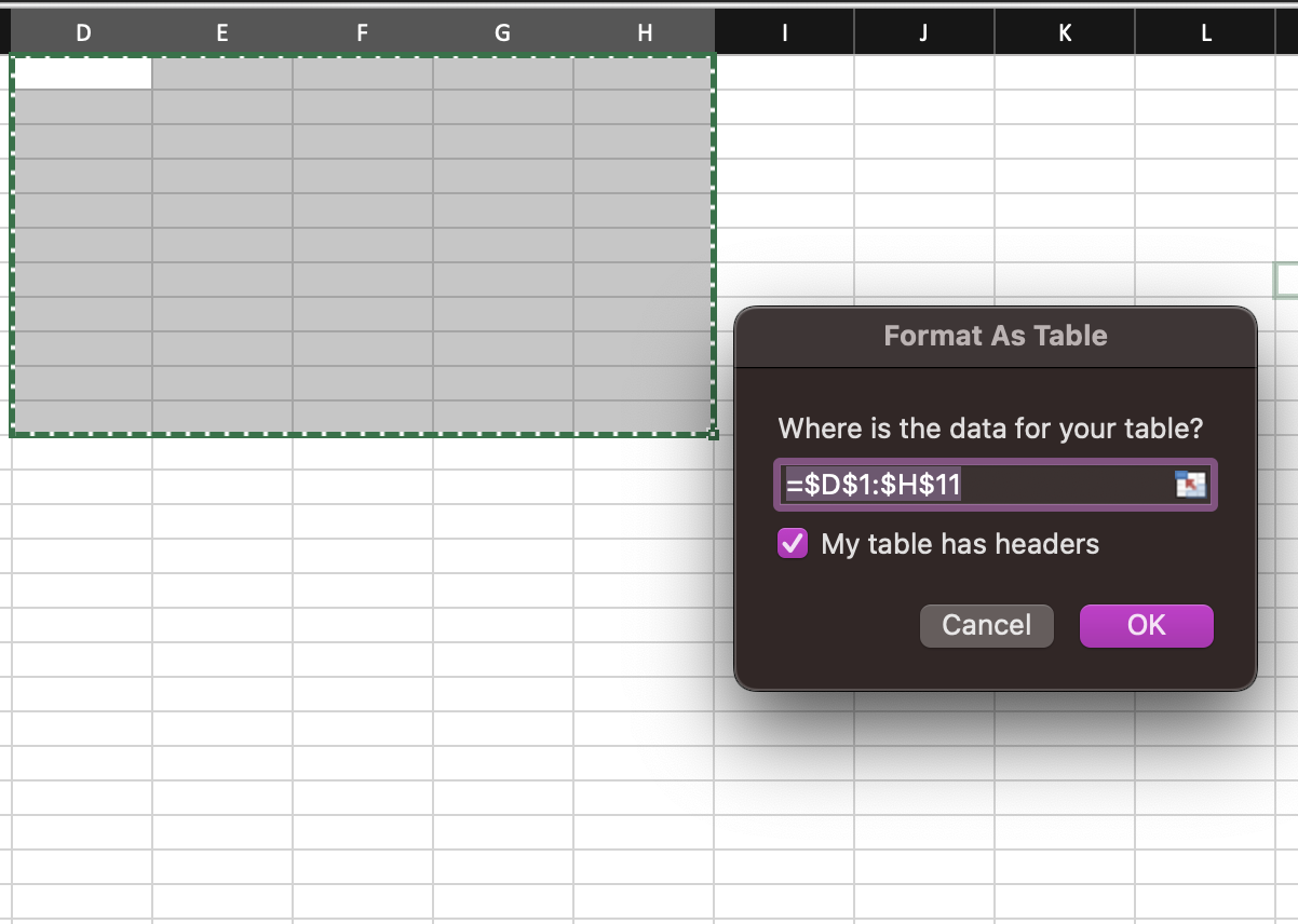 A screenshot  showing the window for the command Format As Table command.