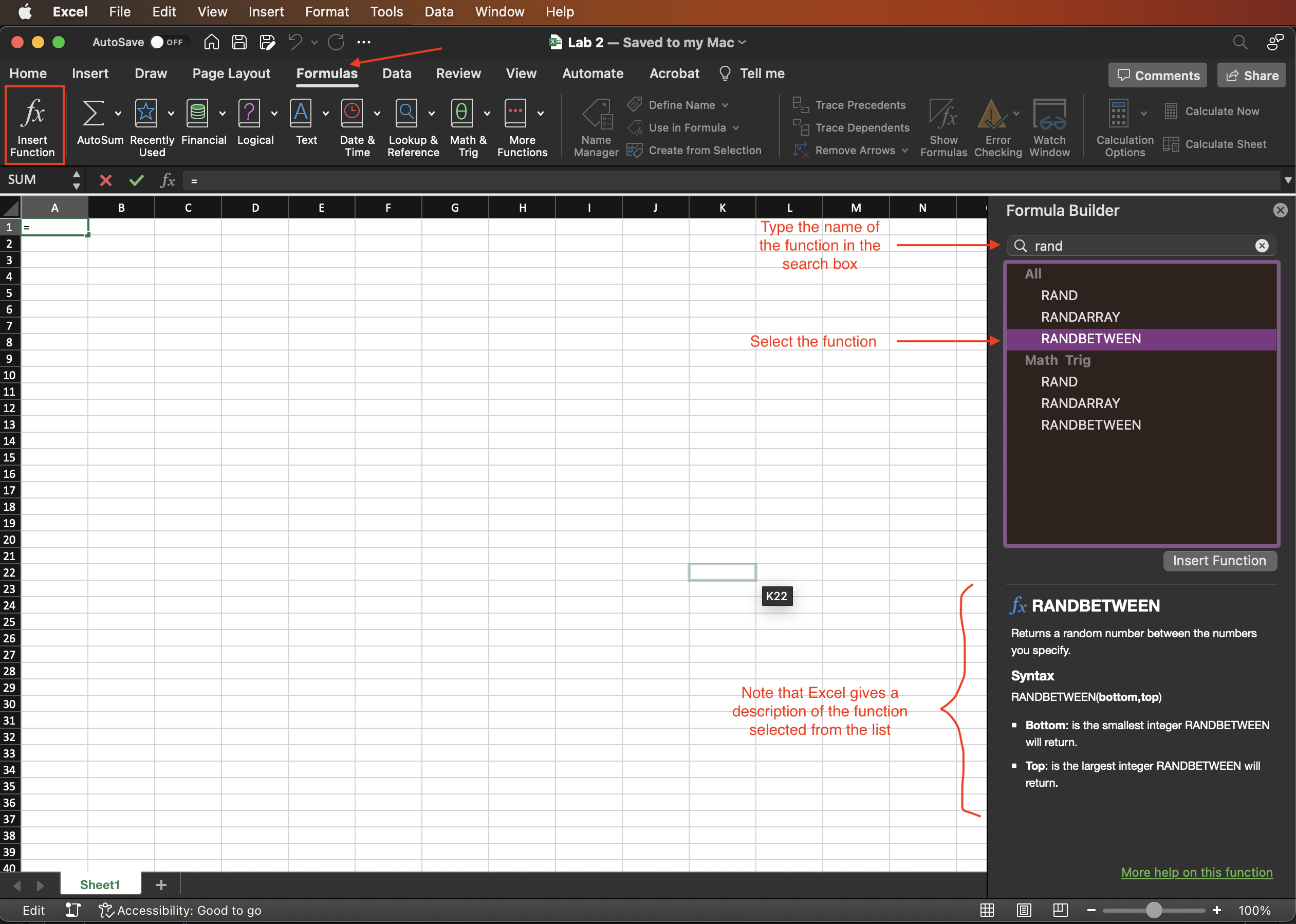 The dialog box of the Insert Function in Excel on a MAC.