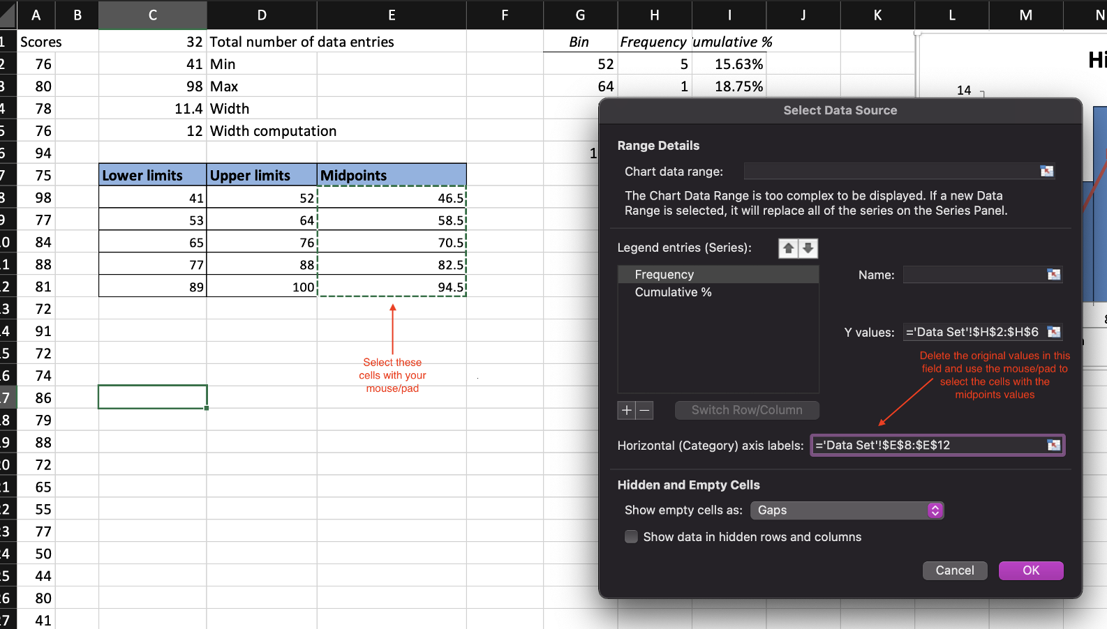 A screenshot of the dialog window on a MAC to adjust the horizontal axis of the graph.