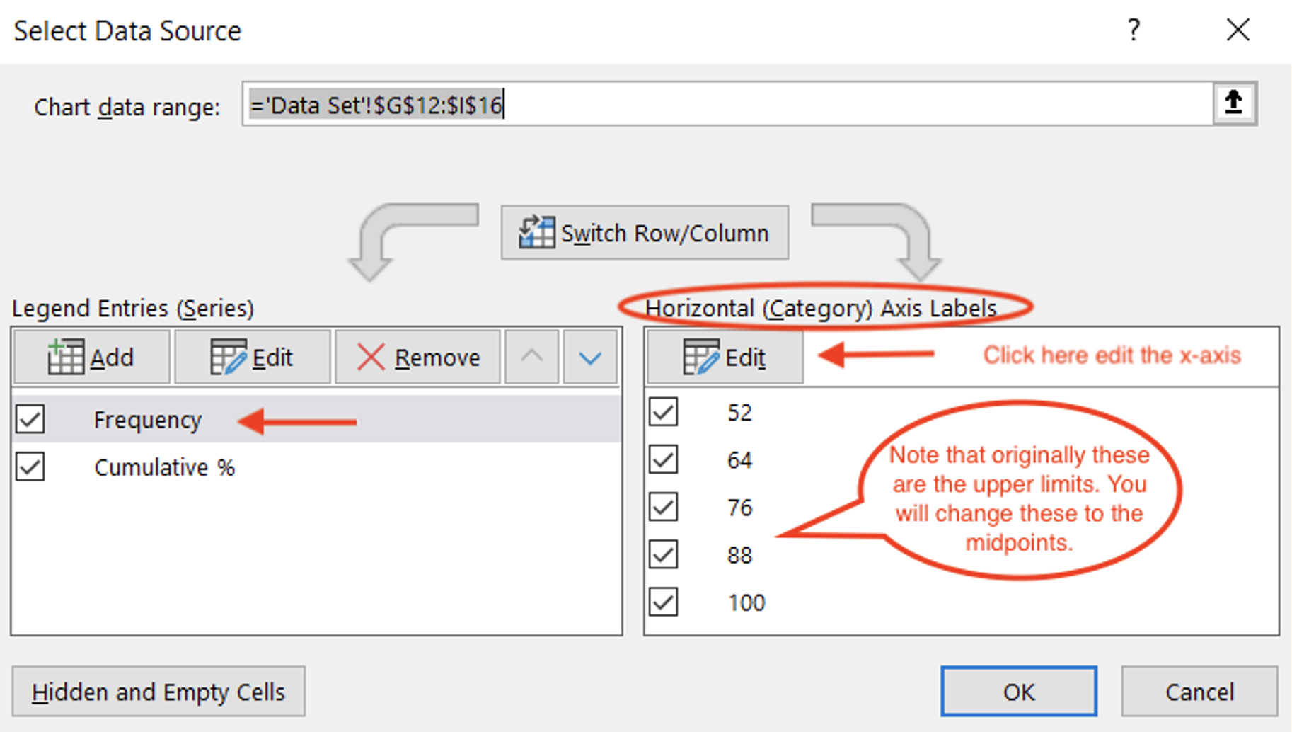 A screenshot of the dialog window on a PC to adjust the horizontal axis of the graph.
