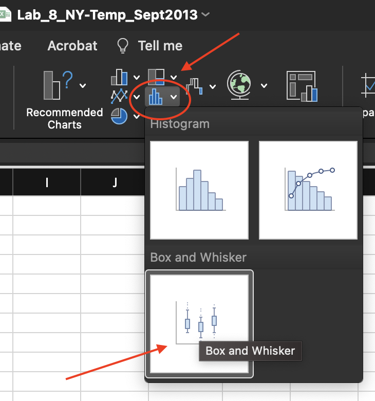 A screenshot of the Box and Whisker option in Chart ribbon of the Insert tab.