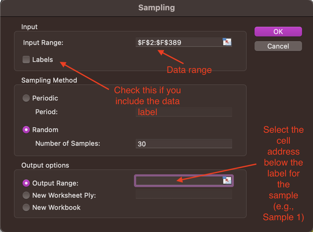 A screenshot of the sampling window in Data Analysis ribbon.