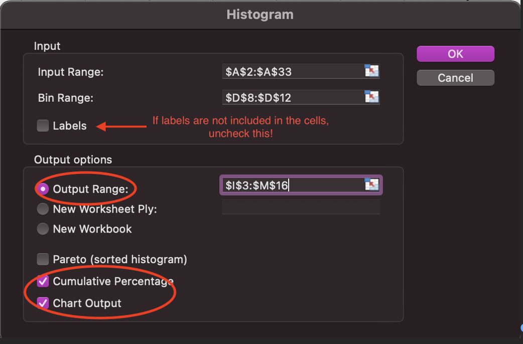 A screenshot showing the dialog window with histogram options.